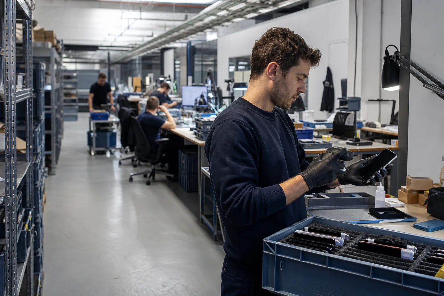 Laboratorio propio de Supplia en Madrid: técnicos revisando y reacondicionando dispositivos